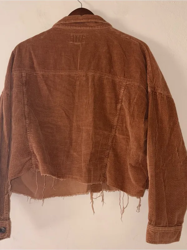 American Eagle Cropped Corduroy Jacket Brown Raw Hem Boho Shacket Large - Image 3