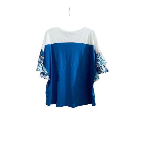 Umgee Royal Blue White Colorblock Boho Paisley Tiered‎ Bell Sleeve Top M NEW - Image 2