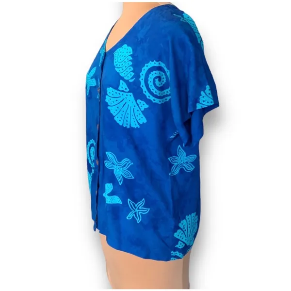 Blue Batik Tropical Shell Starfish Rayon Button Front Top Coastal Nautical Beach - Image 4