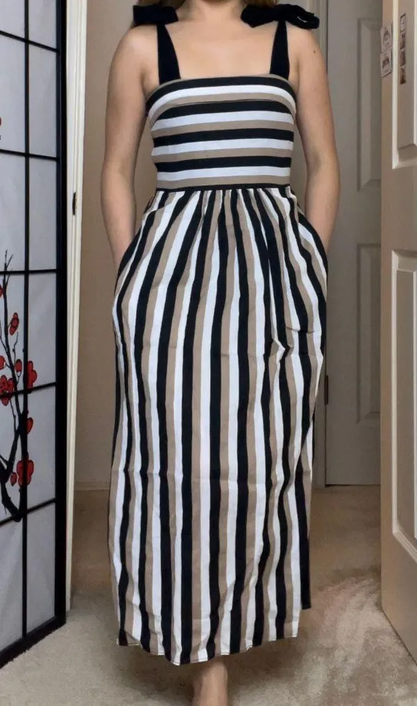 ZARA Beige, White, & Black Striped Self-Tie Strap Midi Dress - Image 3