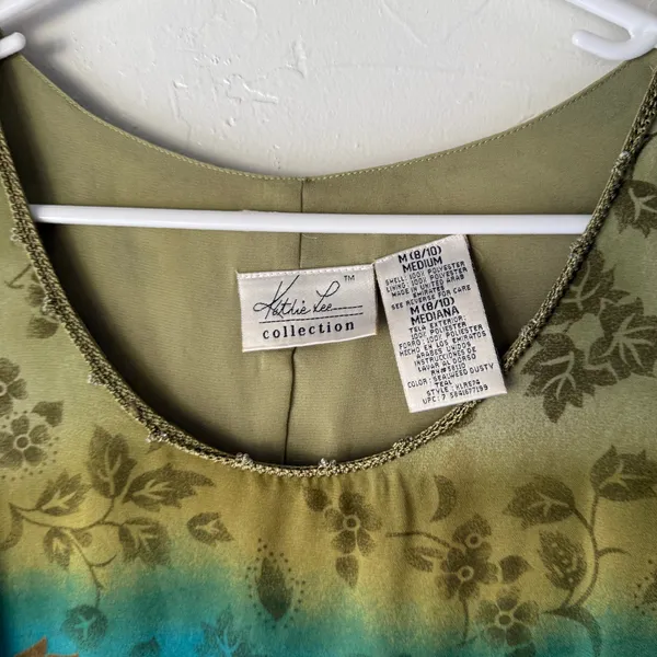 90s Kathie Lee Collection Sleeveless Floral‎ Dress M Green Blue Ombre Vintage - Image 5