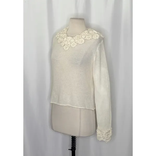 ZARA Alpaca Wool Ecru Crochet Flower Applique Sweater Blogger Favorite Small - Image 5