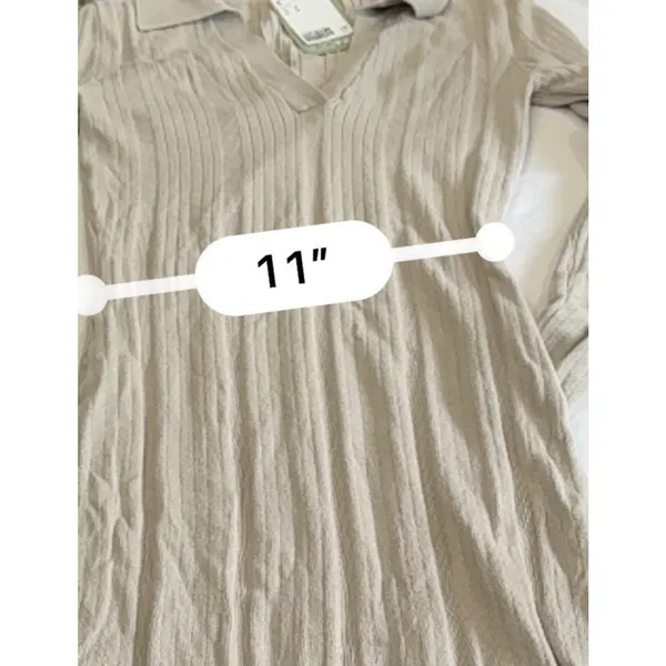 H&M NWT Rib Knit Dress Women's M Beige Tan V Neck Collared Bodycon Midi - Image 13