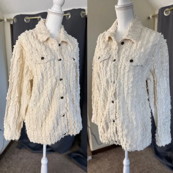 Pilcro Fluffy Corduroy Trucker Jacket Womens Large Cream Frayed Fringe NWOT - Image 15