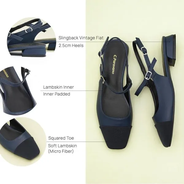 C.Paravano Navy Leather Square Toe Slingback Flats Blue Size 9 - Image 4
