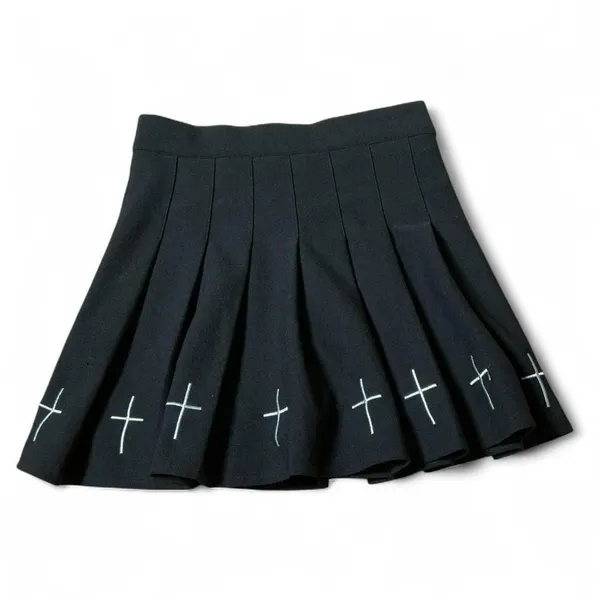 Black‎ Pleated Mini Skirt White Cross Detail Punk Goth Alt Streetwear Size S - Image 3