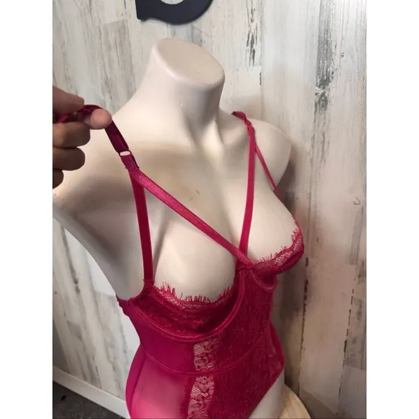 Hot Pink Lace Mesh Bodysuit Teddy Lingerie Size Small - Image 10