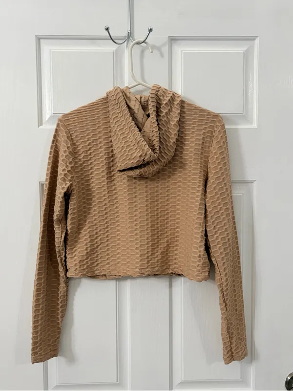 Cropped Tan Textured Zip Hoodie Jacket - Women - Image 4