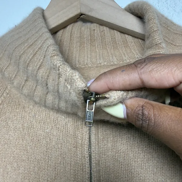 Nordstrom Women 100% Cashmere Zip Up Sweater XS Tan Ribbed Mock Neck Luxury - Image 9