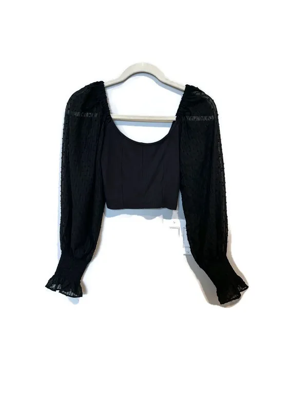 Urban Outfitters Black Square Neck Crop Top with Sheer Swiss Dot Puff Sleeves - Image 3