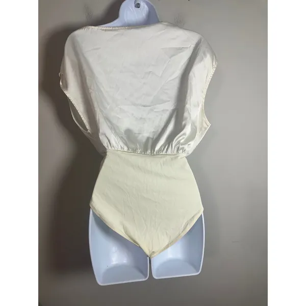 Cider Beige Satin Asymmetrical Neck Ruched Bodysuit Size XS - Image 7