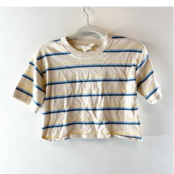 Sezane Short Sleeve Striped Cropped Boxy Tee Shirt Cream Blue XS - Image 2