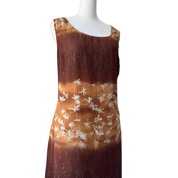 Vintage ‘90s Apostrophe Brown & Tan Floral Scoop Neck Sleeveless Maxi Dress - Image 5