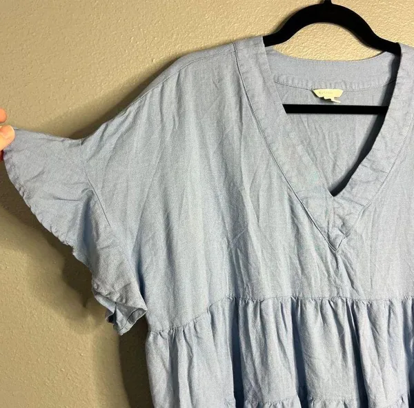 Cato Flowy Tiered Flutter Sleeve Top Light Blue V-Neck Longline Linen Blend XL - Image 4