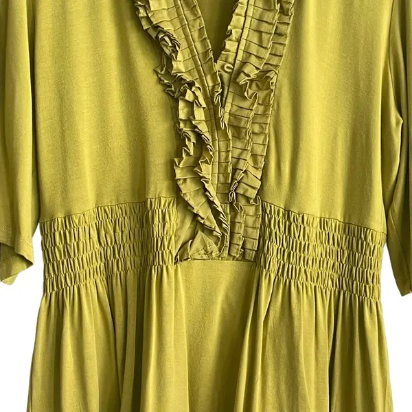 Peter Nygard Women Smocked Top M Chartreuse Flowy Short‎ Sleeve Empire Blouse - Image 5