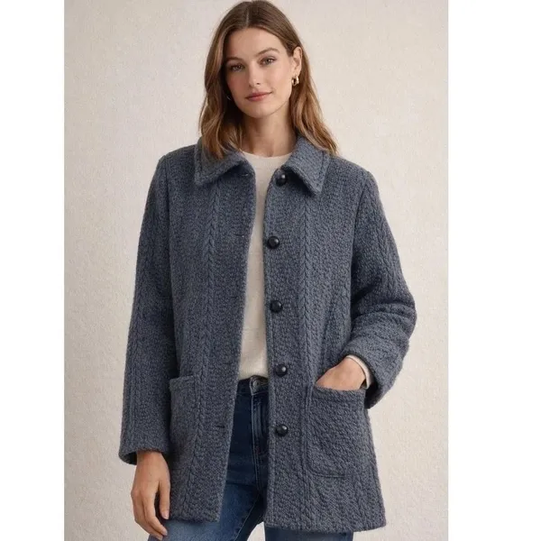 BOYNE VALLEY WEAVERS Wool Ireland Cable Knit Coat Jacket Gray Pockets Large - Image 4