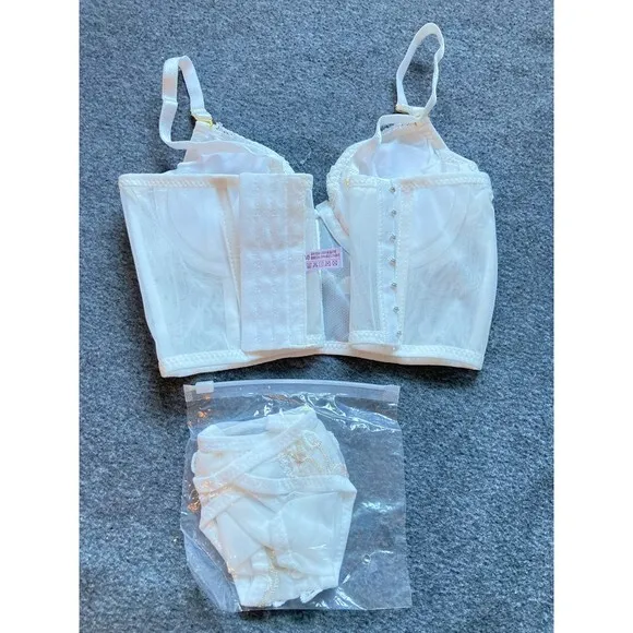 Floral Embroidered Mesh Bustier Set Size 34/75A New Longline‎ Lingerie Thong - Image 4