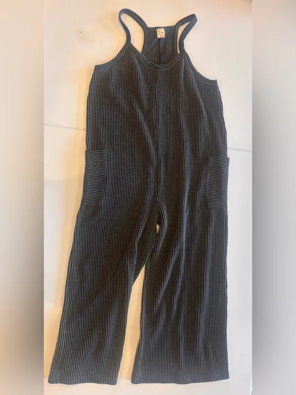 7th RAY Striped Ribbed Tank‎ Jumpsuit in Black & Grey Cropped with Pockets - Image 3