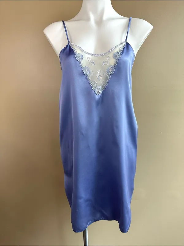 Vtg Cinema Etoile Purple Satin Chemise Slip Dress Floral Embroidered S 80s 90s - Image 2