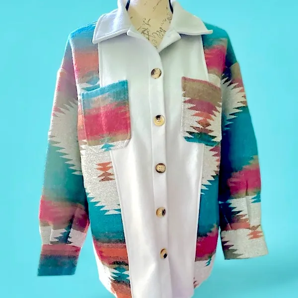 Boho Aztec Shacket Oversized Button Down Blue - Image 4