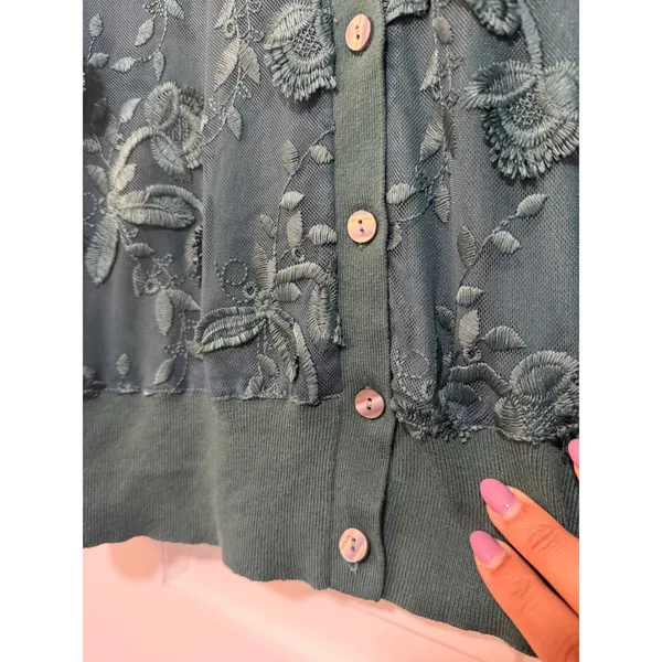 Ann Taylor Factory Teal Green Floral Embroidered Mesh Cardigan Sweater Large - Image 7