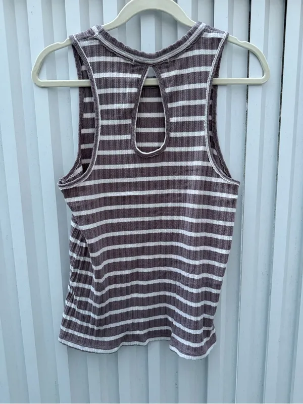 Free People We The Free Dusty Purple Striped Ribbed Keyhole Tank Top L - Image 5