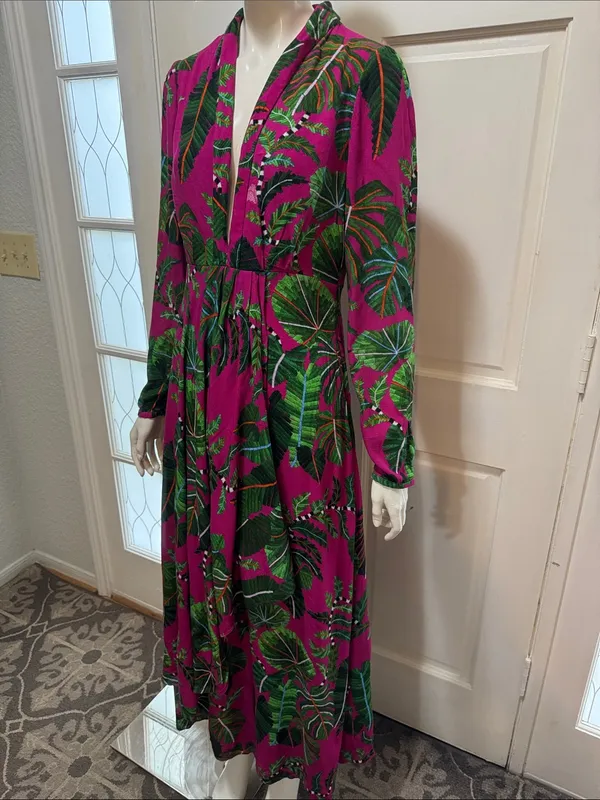 Farm Rio Boho Tropical Print Long Sleeve Maxi Dress in Fuchsia Size Small - Image 6