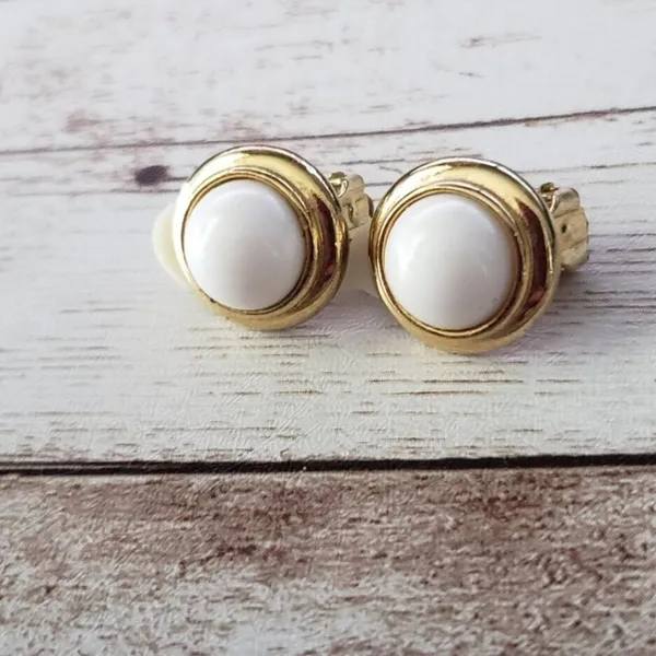 Vintage Clip On Earrings - White Domed Circle with Gold Tone Halo - Image 2