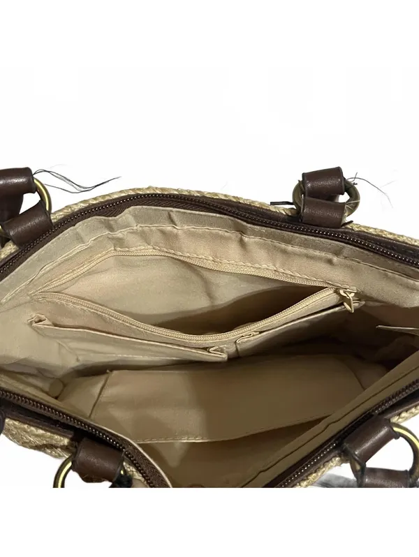 Khaki Canvas Textured Tote Bag with Brown Faux Leather Trim and Front Pockets - Image 3