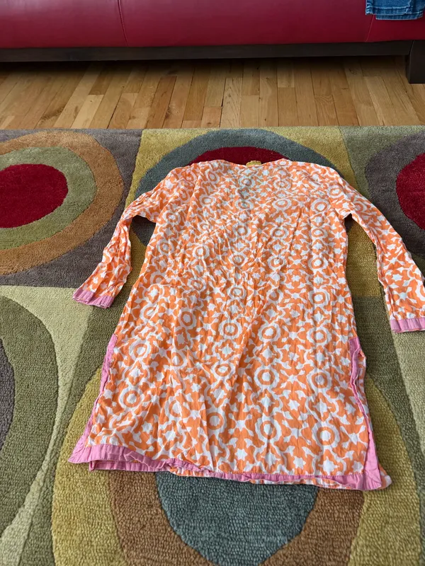 Roberta Roller Rabbit by Roberta Freymann Long Tunic Top Blouse Orange White XS - Image 4