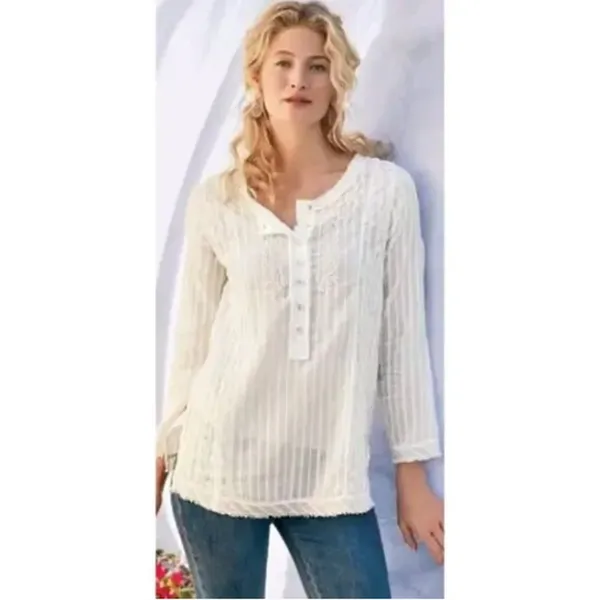 Soft Surroundings Top Women White Cotton 3/4 Sleeve Boho Coastal‎ Minimal S/M - Image 3