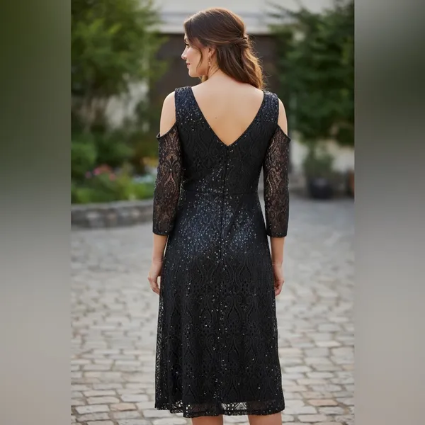 NWT Marina Black Illusion Lace Cocktail Dress With Round Neck and V Back Size 6 - Image 2