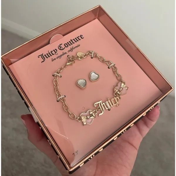 Juicy Couture gold tone bracelet Juicy logo pink heart & bow comes with earrings - Image 16