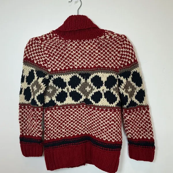 Hollister Nordic Fair Isle Shawl Collar Cardigan Red Cream Knit Sweater Small - Image 4