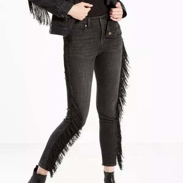 Levis 721 Jeans Women 29 Black High Rise Skinny Ankle Fringe Boho Western Denim - Image 2