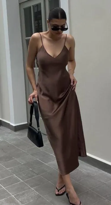 ZARA dress midi maxi satin wedding chocolate brown party cocktail - Image 8