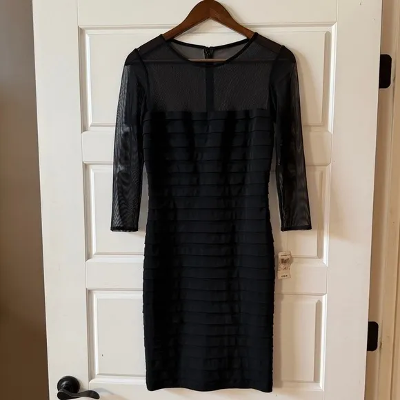 Tadashi Shoji Black Sheer Mesh Bodycon Midi Dress XS Illusion Sleeve Cocktail NWT - Image 2