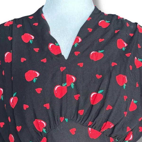 ModCloth X Collectif Apple Heart Print Midi Dress Black Red Puff Sleeve Cottage - Image 3