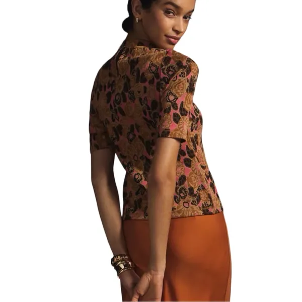 Anthropologie Maeve Floral Knit Top Mock Neck M 🌸🤎✨ - Image 3