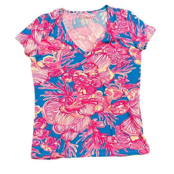 Lilly Pulitzer Michelle Cap Sleeve Vneck Tshirt Cotton Stretchy Pink Blue Top S - Image 3