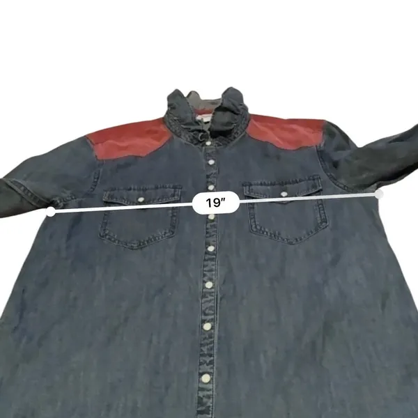 Sundance Denim Shirt Womens XS Blue Red Corduroy Yoke Ruffle Western Pearl Snap - Image 6