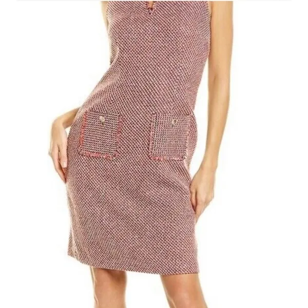 Karl Lagerfeld Paris Pink Tweed Pocket Dress 14‎ Jewel Buttons Sleeveless - Image 2