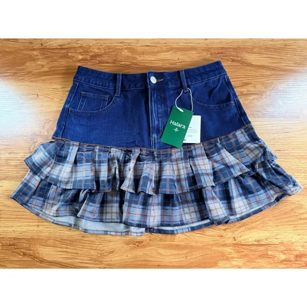 Halara Denim Plaid Ruffle Tiered Mini Skirt Size S NWT - Image 12