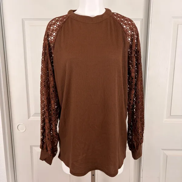 Miholl brown lace long sleeve waffle-knit top - Image 2