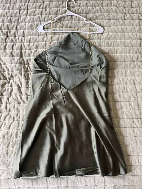 FINESSE Bindi Olive Green Satin Mini Dress - Image 4