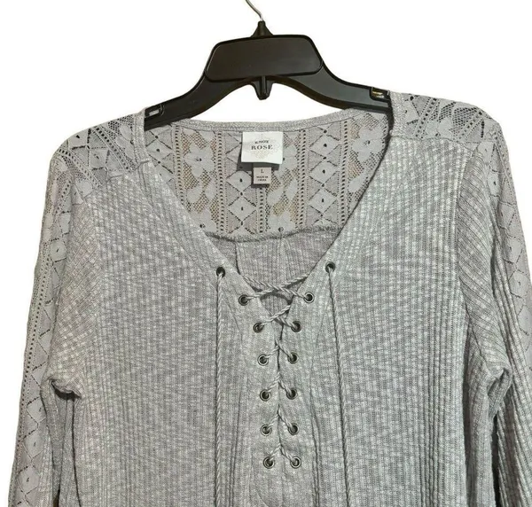 Knox Rose Top Womens Large Gray Waffle Knit Boho Stretch Blouse Ladies - Image 2