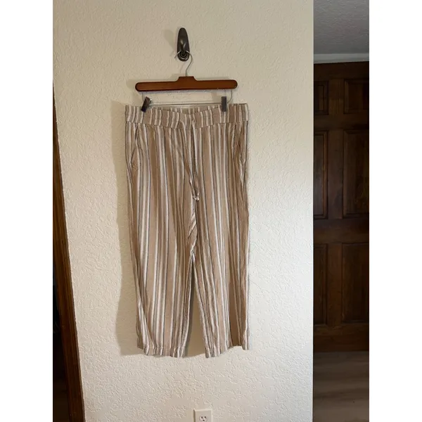 Ann Taylor Factory Pants Tan M Womens Striped Linen Blend Drawstring‎ Casual - Image 8
