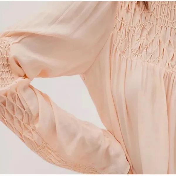 Free People Smocked in Time‎ Romantic Billowy Peach Pink Ethereal Top Sz Small - Image 3
