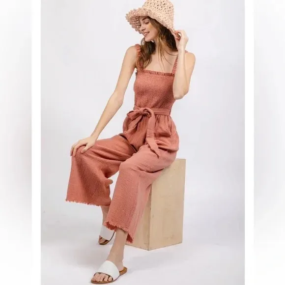 Loveriche cream raw hem jumpsuit‎ open back tie waist women's size medium trendy - Image 10
