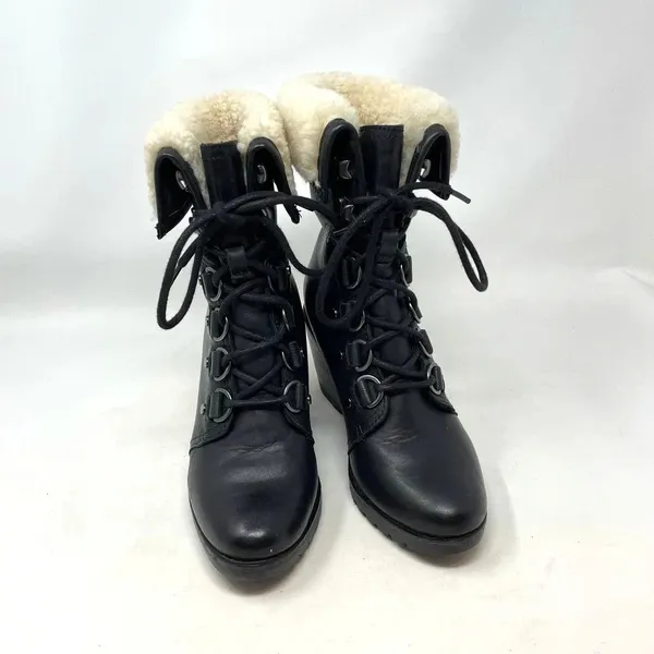 Sorel After Hours Lace Shearling Boot Black‎ Leather Wedge Size US 6 - Image 6